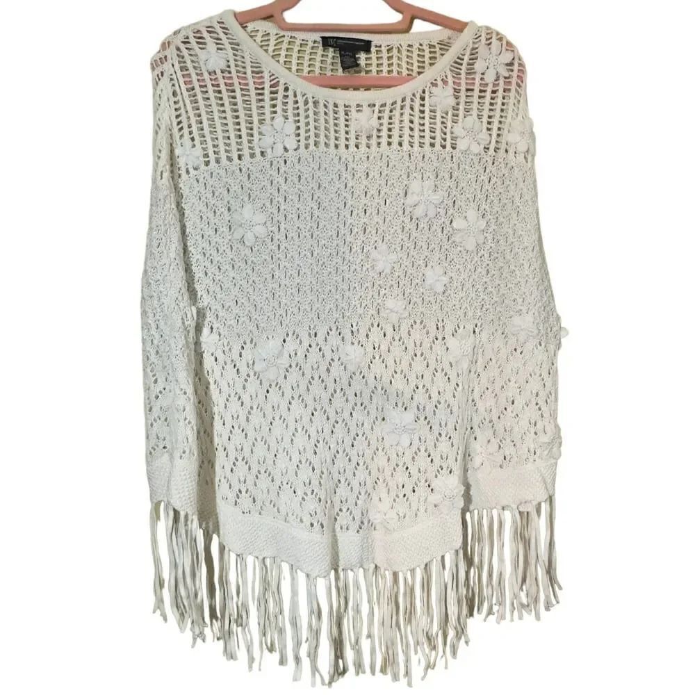 INC International Concepts White Fringed Crochet Poncho